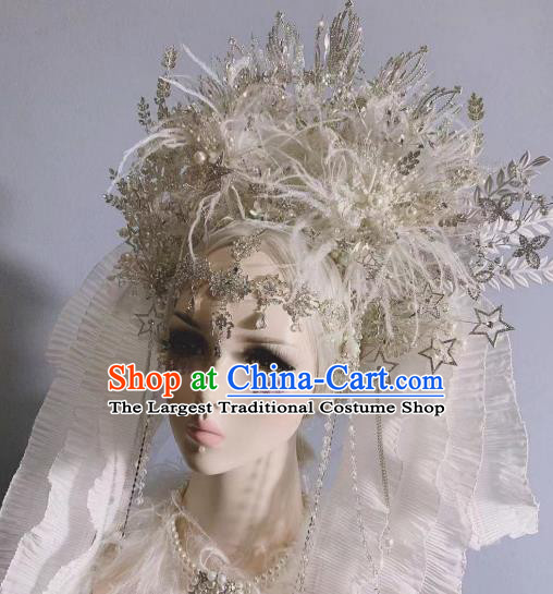 Top Grade Baroque Wedding Hair Ornament Handmade Court Queen Deluxe Hair Crown Stage Show White Feather Phoenix Coronet