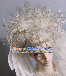 Top Grade Baroque Wedding Hair Ornament Handmade Court Queen Deluxe Hair Crown Stage Show White Feather Phoenix Coronet
