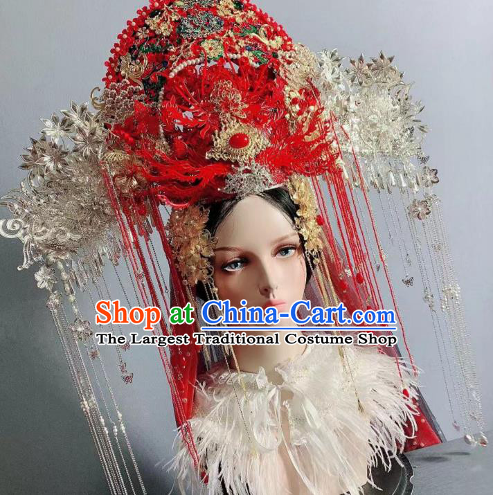 Top Grade Chinese Handmade Court Queen Deluxe Red Hair Crown Wedding Hair Ornament Stage Show Bride Phoenix Coronet