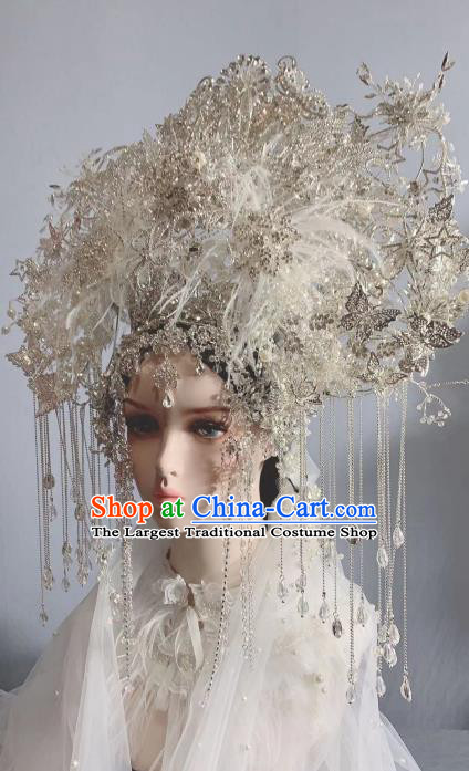 Top Grade Wedding White Feather Hair Ornament Stage Show Bride Phoenix Coronet Handmade Court Queen Deluxe Argent Tassel Hair Crown