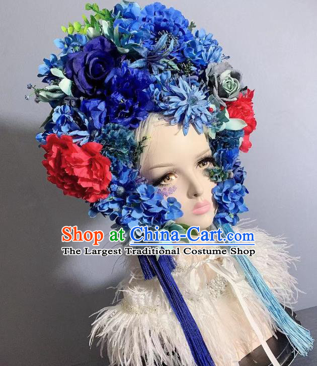 Top Grade Handmade Baroque Wedding Bride Blue Flowers Royal Crown Stage Show Hair Ornament Court Queen Deluxe Hair Accessories