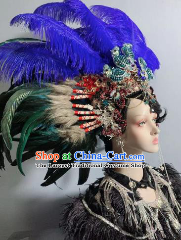 Top Baroque Wedding Bride Royalblue Feather Royal Crown Court Queen Deluxe Headdress Handmade Halloween Stage Show Hair Ornament