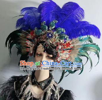 Top Baroque Wedding Bride Royalblue Feather Royal Crown Court Queen Deluxe Headdress Handmade Halloween Stage Show Hair Ornament