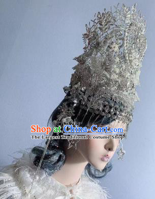 Top Court Queen Deluxe Headdress Handmade Halloween Stage Show Hair Ornament Baroque Wedding Bride Argent Royal Crown