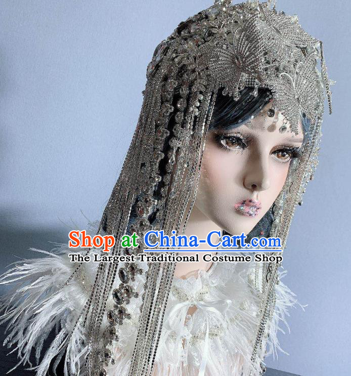 Top Court Handmade Crystal Tassel Royal Crown Stage Show Hair Ornament Baroque Bride Deluxe Headdress