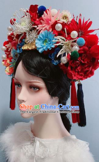 Handmade Chinese Silk Flowers Phoenix Coronet Traditional Wedding Hair Accessories Ancient Empress Headwear