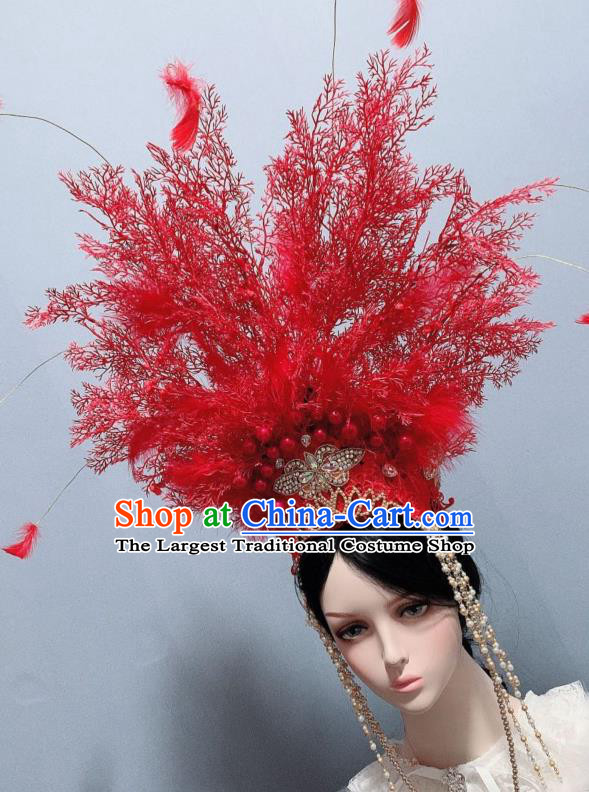 Handmade Chinese Traditional Hair Accessories Ancient Bride Headwear Wedding Red Branch Hair Crown