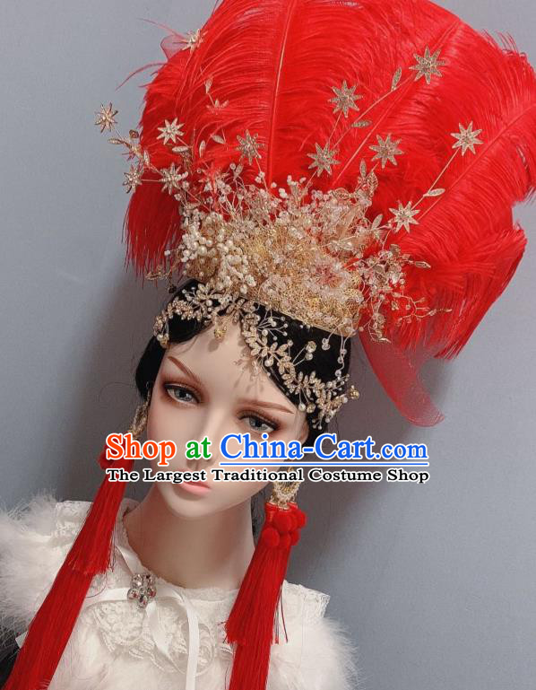 Handmade Chinese Wedding Red Feather Hair Crown Traditional Hair Accessories Ancient Bride Headwear