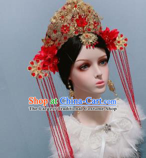 Handmade Chinese Qing Dynasty Wedding Red Hair Crown Traditional Hair Accessories Ancient Empress Headwear