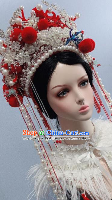 Handmade Chinese Wedding White Beads Flowers Hair Crown Ancient Empress Phoenix Coronet Traditional Hair Accessories