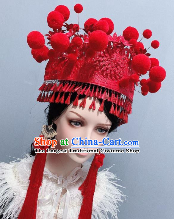 Handmade Chinese Bride Tassel Phoenix Coronet Traditional Wedding Hair Accessories Ethnic Red Hat