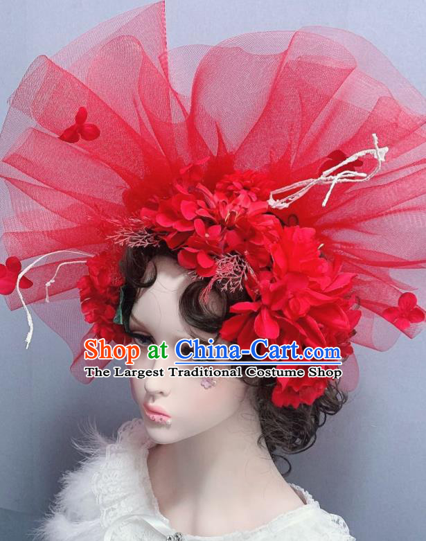 Top Court Handmade Red Veil Royal Crown Stage Show Hair Ornament Baroque Bride Headdress
