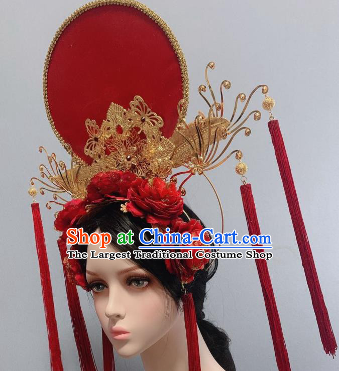 Handmade Chinese Bride Red Moon Phoenix Coronet Traditional Wedding Hair Accessories Red Rose Tassel Hair Crown