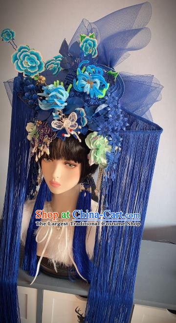 Handmade Chinese Bride Blue Velvet Chrysanthemum Phoenix Coronet Traditional Wedding Hair Accessories Stage Performance Hair Crown