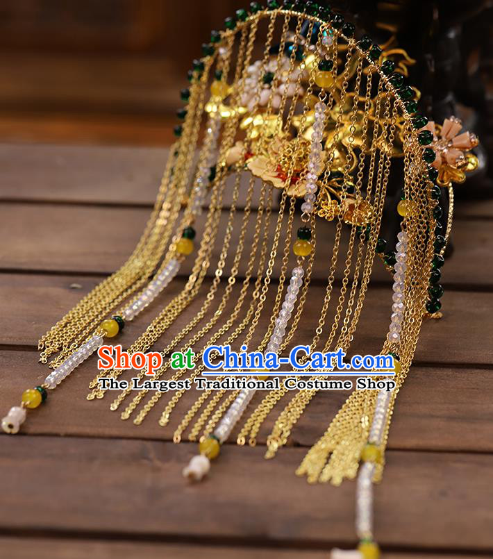 Chinese Traditional Hanfu Beads Tassel Hair Comb Wedding Hair Accessories Ancient Bride Golden Hairpin