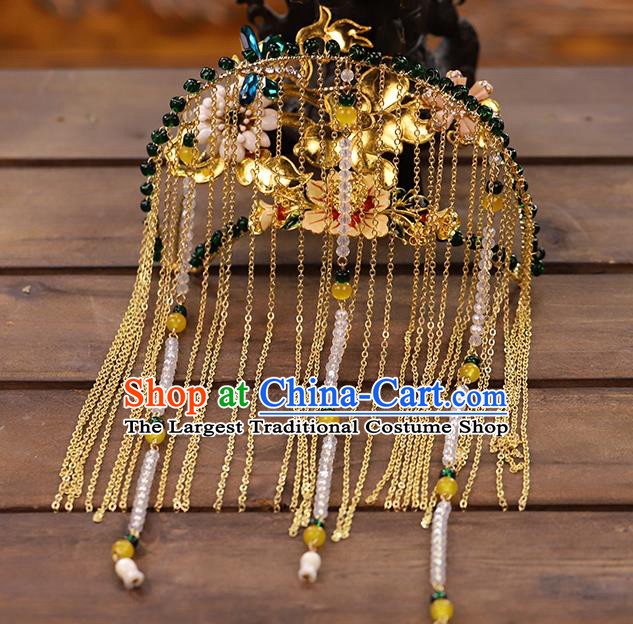 Chinese Traditional Hanfu Beads Tassel Hair Comb Wedding Hair Accessories Ancient Bride Golden Hairpin
