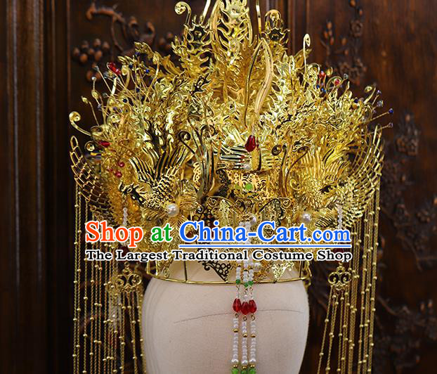 Traditional China Handmade Luxury Phoenix Coronet Ancient Bride Golden Hair Crown Hairpins Wedding Hair Ornament Full Set