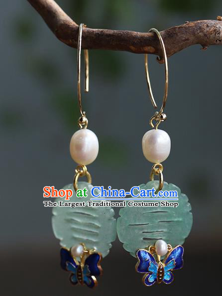 Handmade Chinese Ancient Bride Jade Earrings Jewelry Traditional Wedding Blueing Butterfly Ear Accessories