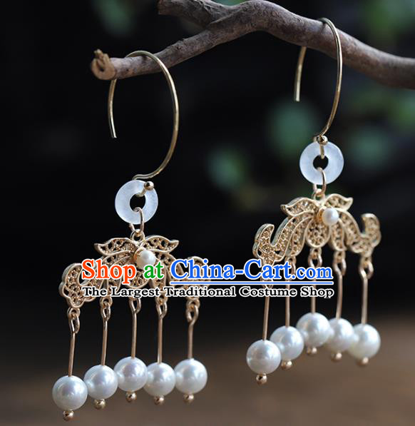 Handmade Chinese Ancient Bride Tassel Golden Earrings Jewelry Traditional Wedding White Jade Ear Accessories