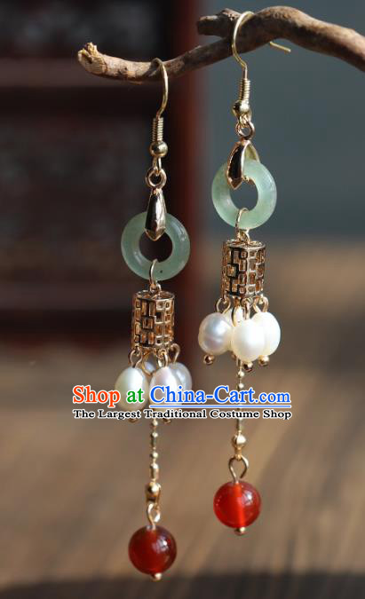 Handmade Chinese Ancient Bride Aventurine Earrings Jewelry Traditional Wedding Golden Ear Accessories
