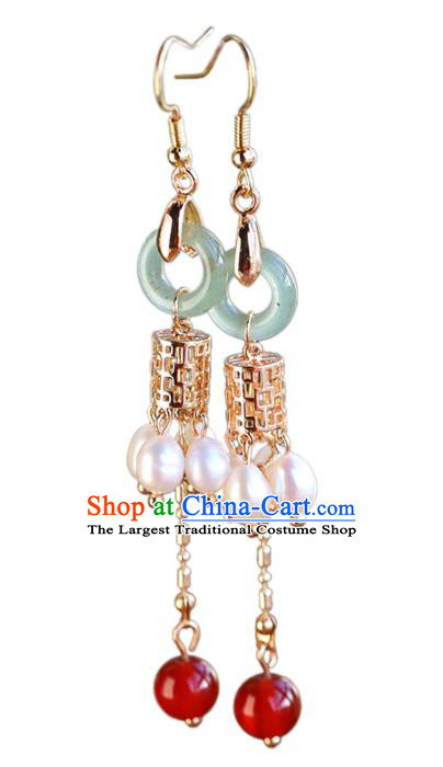 Handmade Chinese Ancient Bride Aventurine Earrings Jewelry Traditional Wedding Golden Ear Accessories