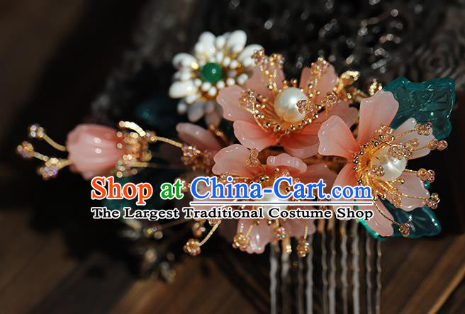Chinese Traditional Hanfu Pink Flowers Hair Comb Wedding Hair Accessories Ancient Bride Hairpin