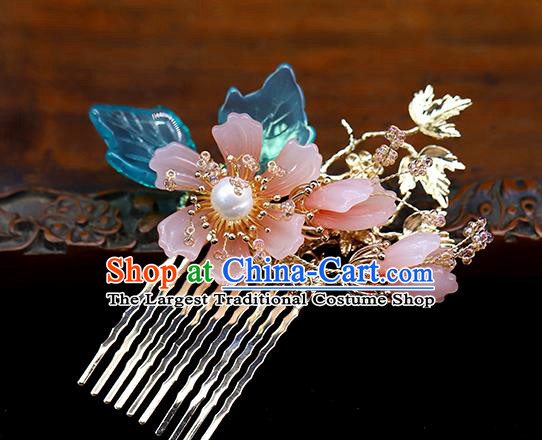 Chinese Wedding Hair Accessories Ancient Bride Hairpin Traditional Hanfu Pink Flowers Hair Comb