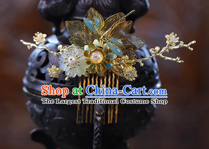 Traditional China Ancient Bride Tassel Hairpins Wedding Hair Ornament Handmade Golden Lotus Dragonfly Hair Comb Full Set