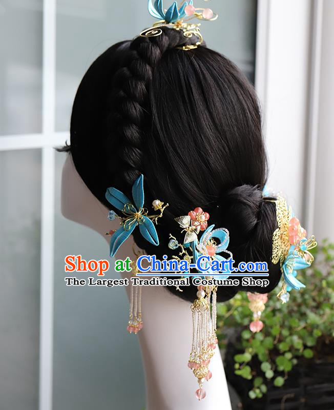 Traditional China Ancient Bride Blue Silk Flower Hair Comb Tassel Hairpins Handmade Wedding Hair Ornament Full Set