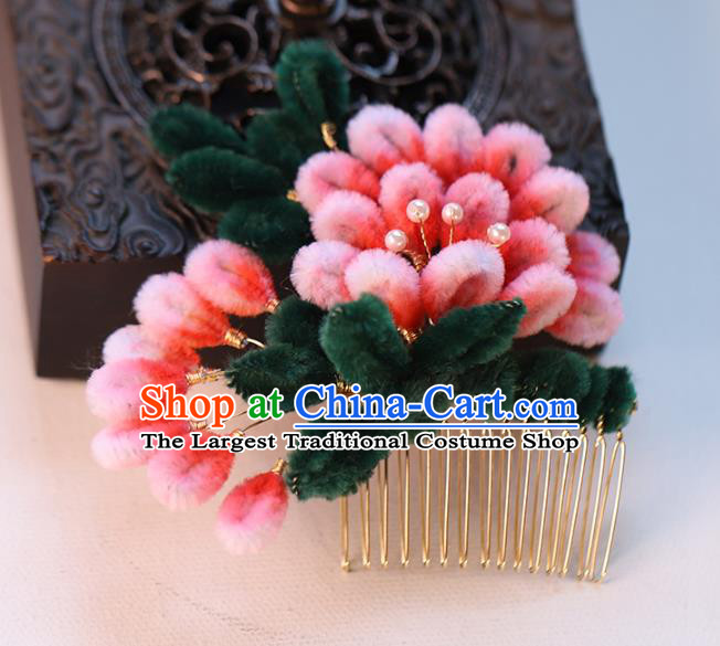 Chinese Wedding Hair Accessories Ancient Bride Pink Velvet Flowers Hairpin Traditional Hanfu Hair Comb