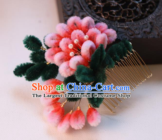 Chinese Wedding Hair Accessories Ancient Bride Pink Velvet Flowers Hairpin Traditional Hanfu Hair Comb