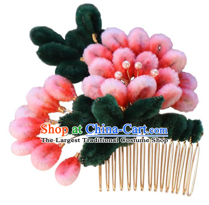 Chinese Wedding Hair Accessories Ancient Bride Pink Velvet Flowers Hairpin Traditional Hanfu Hair Comb