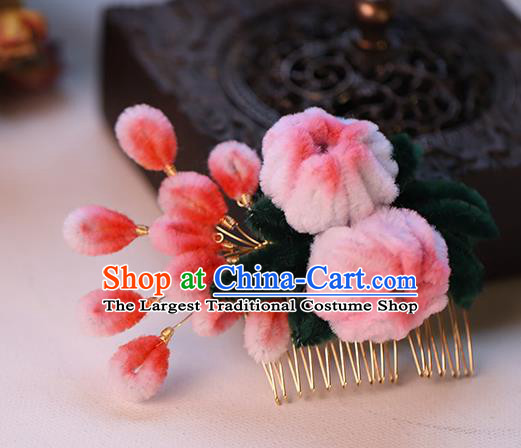 Chinese Wedding Hair Accessories Ancient Bride Hairpin Traditional Hanfu Pink Velvet Chrysanthemum Hair Comb