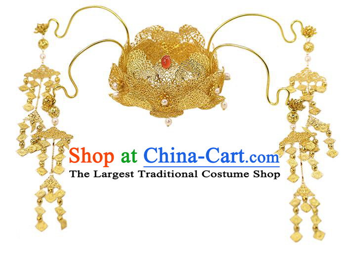 Traditional China Ancient Bride Golden Lotus Hair Crown Hairpins Handmade Wedding Hair Ornament Phoenix Coronet Full Set