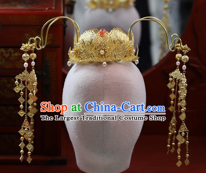 Traditional China Ancient Bride Golden Lotus Hair Crown Hairpins Handmade Wedding Hair Ornament Phoenix Coronet Full Set