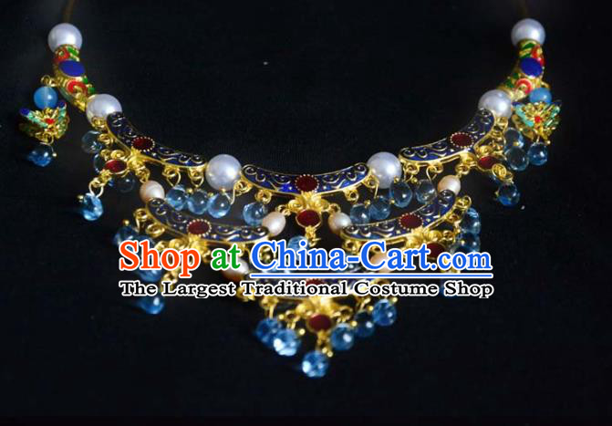 Handmade Chinese Ancient Empress Blue Necklace Jewelry Traditional Ming Dynasty Necklet Accessories