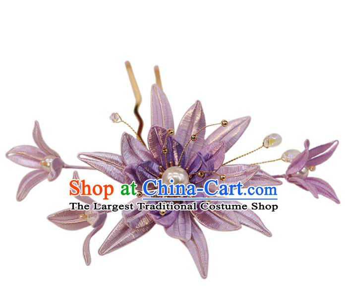 Chinese Traditional Wedding Hair Accessories Hanfu Hair Stick Ancient Bride Purple Silk Epiphyllum Hairpin