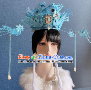 Handmade Chinese Traditional Wedding Hair Accessories Bride Blue Phoenix Coronet Stage Performance Luxury Headdress