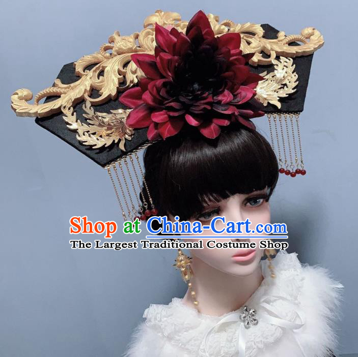 China Ancient Palace Lady Hair Accessories Traditional Drama Red Peony Hat Qing Dynasty Imperial Consort Phoenix Coronet