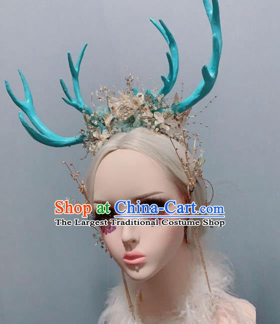 Top Court Handmade Cosplay Blue Antler Royal Crown Stage Show Hair Ornament Baroque Princess Headwear