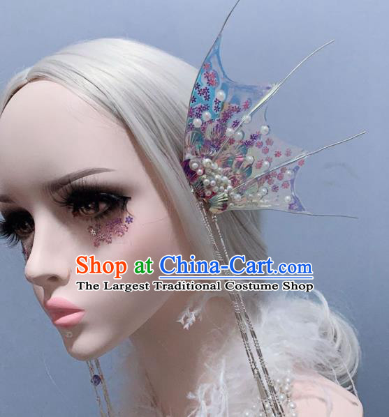 Top Baroque Princess Blue Fin Tassel Hair Sticks Handmade Laser Hair Accessories Stage Show Hair Ornament