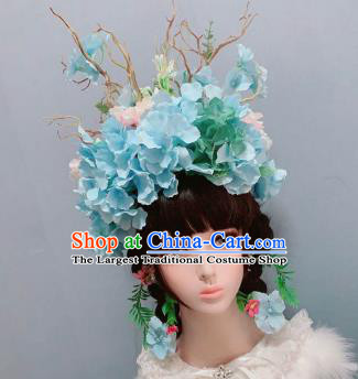 Top Hair Ornament Handmade Blue Flowers Royal Crown Wedding Princess Hair Accessories Stage Show Chaplet