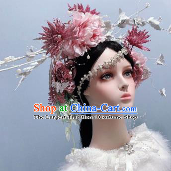 Top Stage Show Headwear Wedding Princess Hair Accessories Pink Peony Flowers Chaplet Handmade Royal Crown