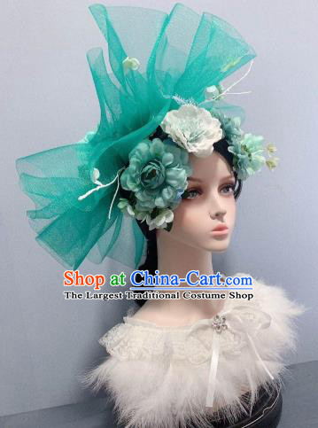 Top Stage Show Princess Headwear Wedding Hair Accessories Handmade Peony Royal Crown Green Veil Top Hat