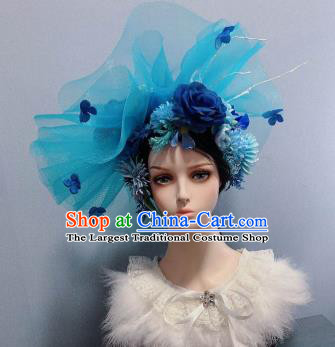 Top Blue Veil Top Hat Stage Show Princess Headwear Wedding Hair Accessories Handmade Rose Royal Crown