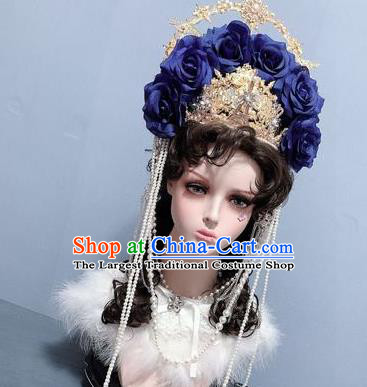 Handmade Cosplay Goddess Headwear Europe Queen Deep Blue Roses Royal Crown Baroque Wedding Hair Accessories