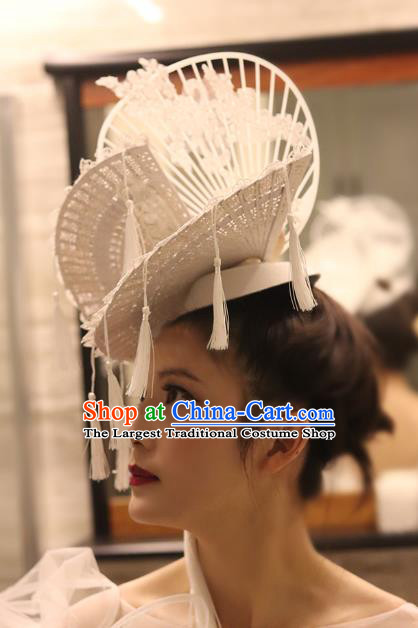 Handmade Chinese Ancient Bride Phoenix Coronet Stage Performance White Lace Fan Top Hat Traditional Wedding Hair Accessories