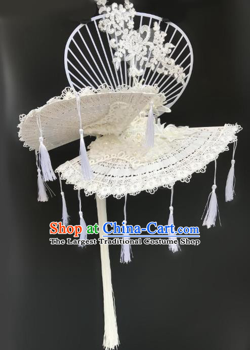 Handmade Chinese Ancient Bride Phoenix Coronet Stage Performance White Lace Fan Top Hat Traditional Wedding Hair Accessories