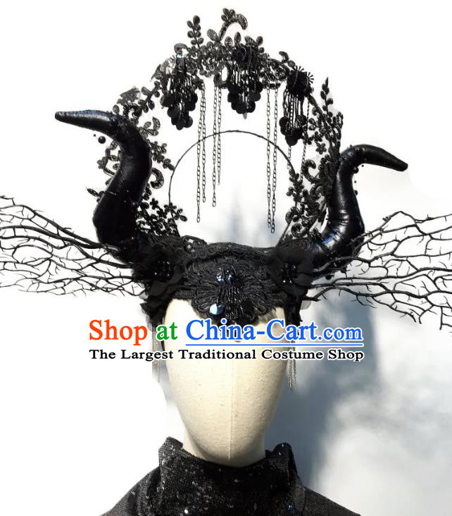 Handmade Halloween Cosplay Hair Accessories Gothic Queen Black Horn Royal Crown Stage Show Headdress