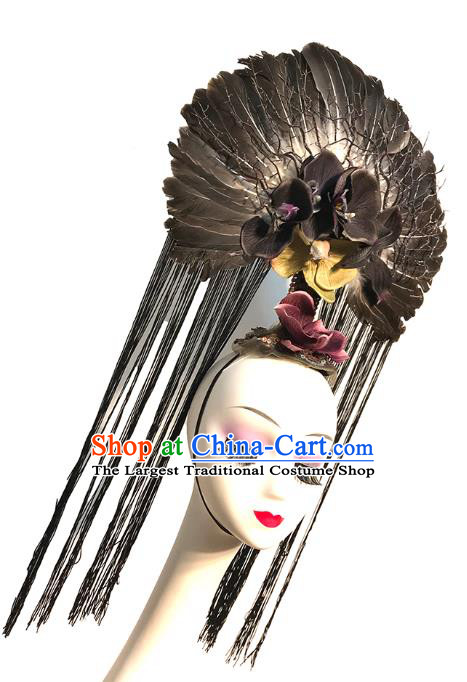 Handmade Queen Black Feather Tassel Royal Crown Stage Show Headdress Halloween Cosplay Hair Accessories
